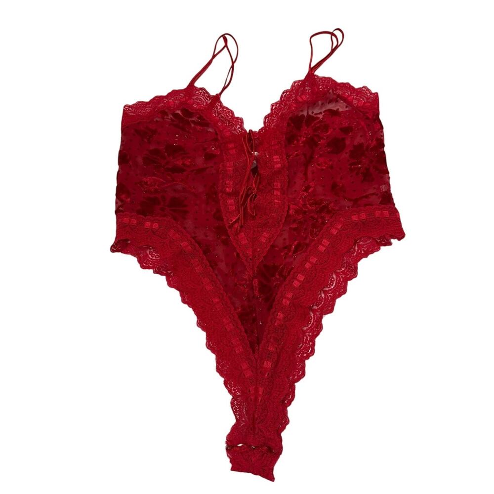 Victoria's Secret Womens Large Red Lace Up Embellished Heart Bodysuit Vintage